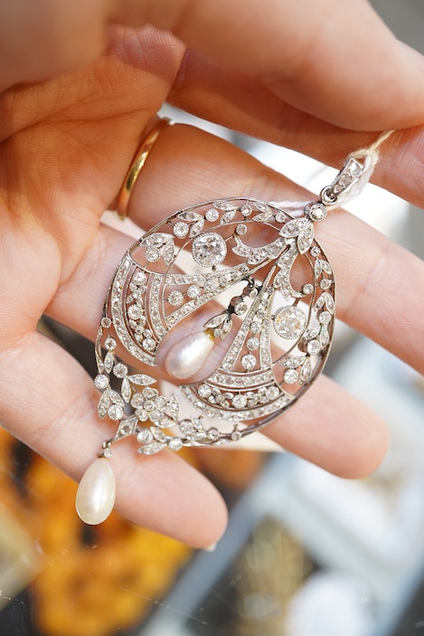A fine Belle Epoque natural pearl and diamond pendant, circa 1910